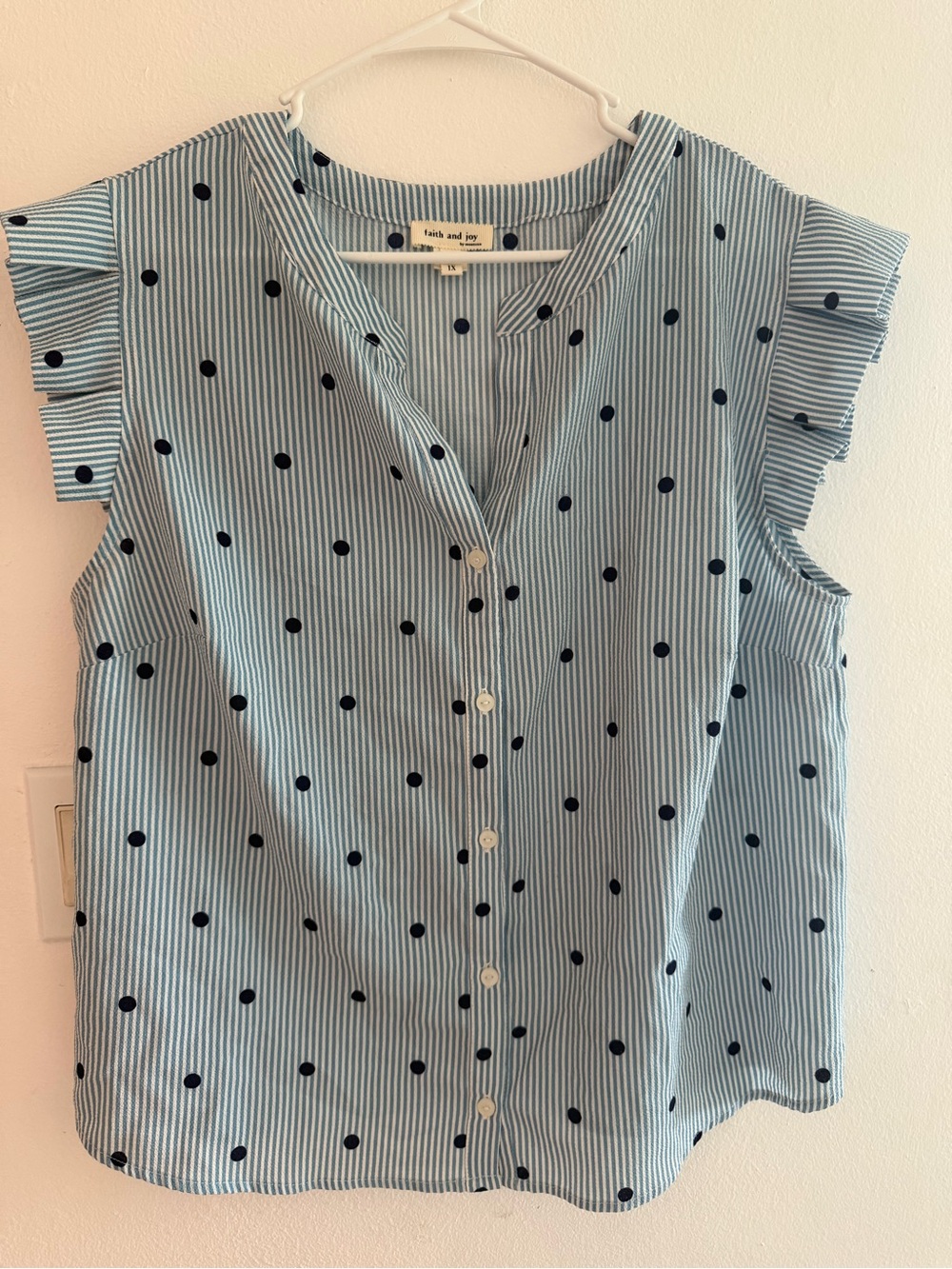 Faith and Joy Light Blue Striped Navy Polka Dot Sleeveless Button Blouse